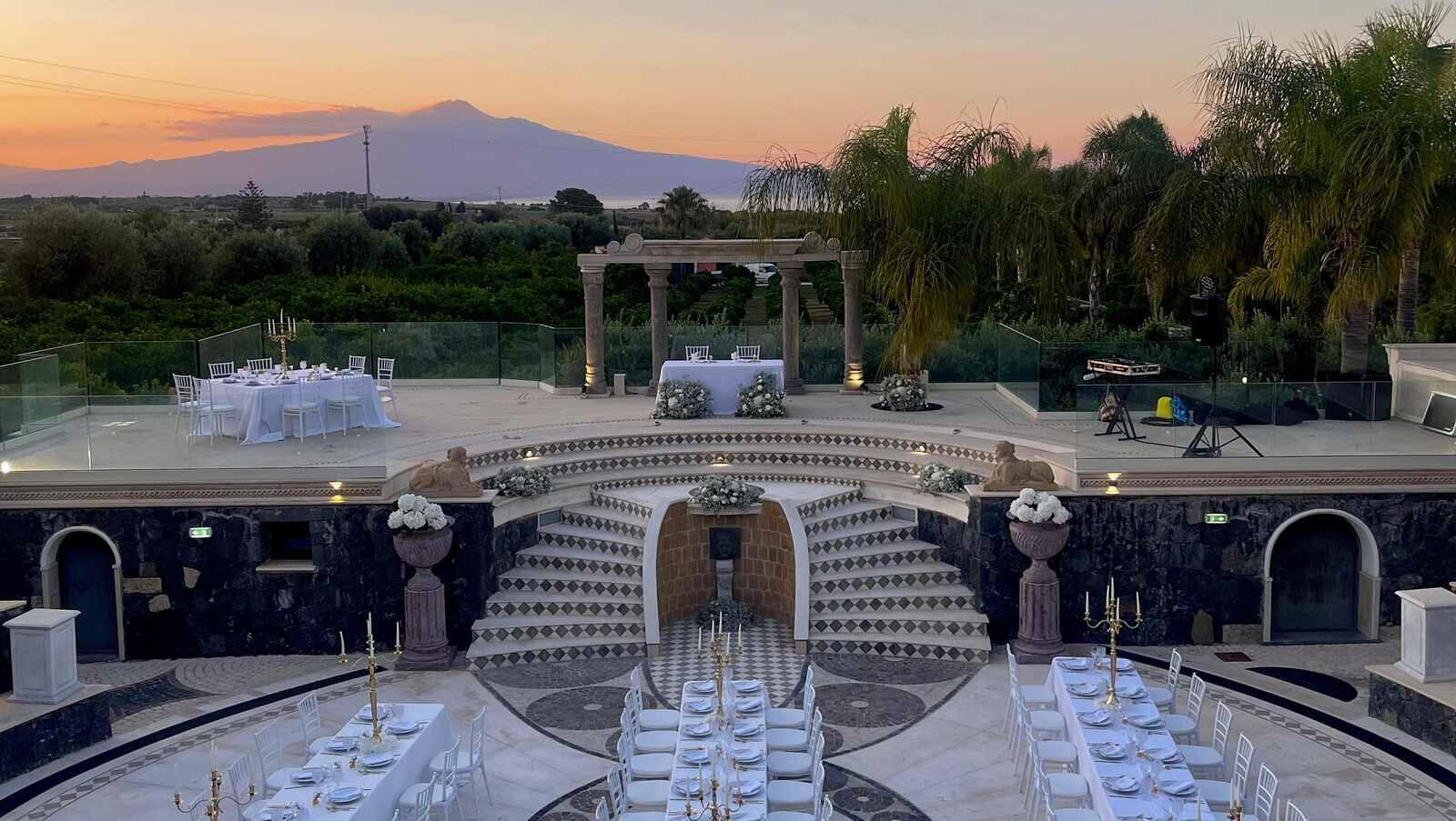 Thalos, Augusta Citrus gardens and a stone amphitheatre at Thalos near Augusta, with Etna behind