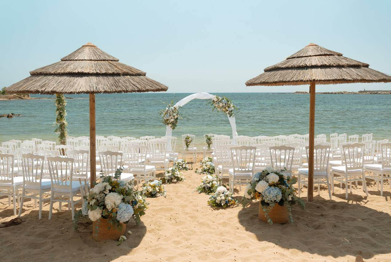 Blasé, Marzamemi A ceremony set up on the sand at Blasé, Marzamemi, looking out to the Isolotto Brancati