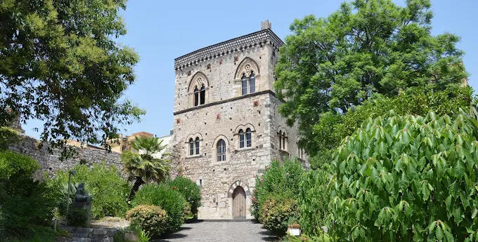 Palazzo dei Duchi di Santo Stefano, Taormina The fourteenth-century Palazzo dei Duchi di Santo Stefano in Taormina, dark lava stone and pale limestone